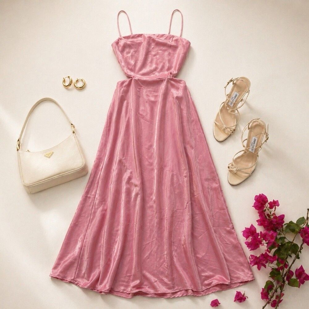 Pink Satin Corset Midi Dress Lace Up Back Cut Out Coquette Formal Dress